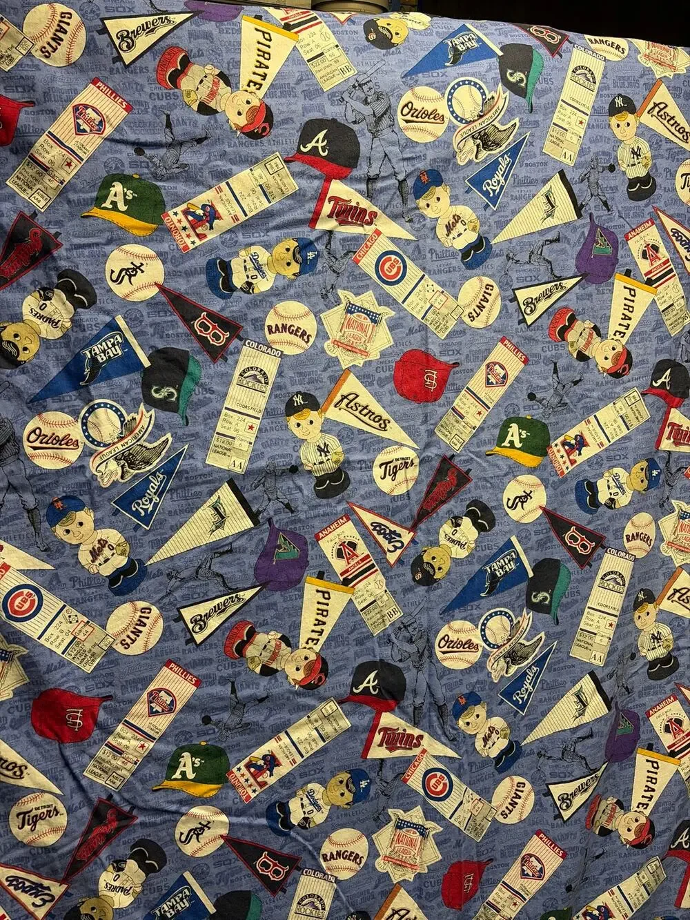 Vintage MLB Baseball Favric All Team Pennant Mascot Ticket Stub Cotton Quilt VTG
